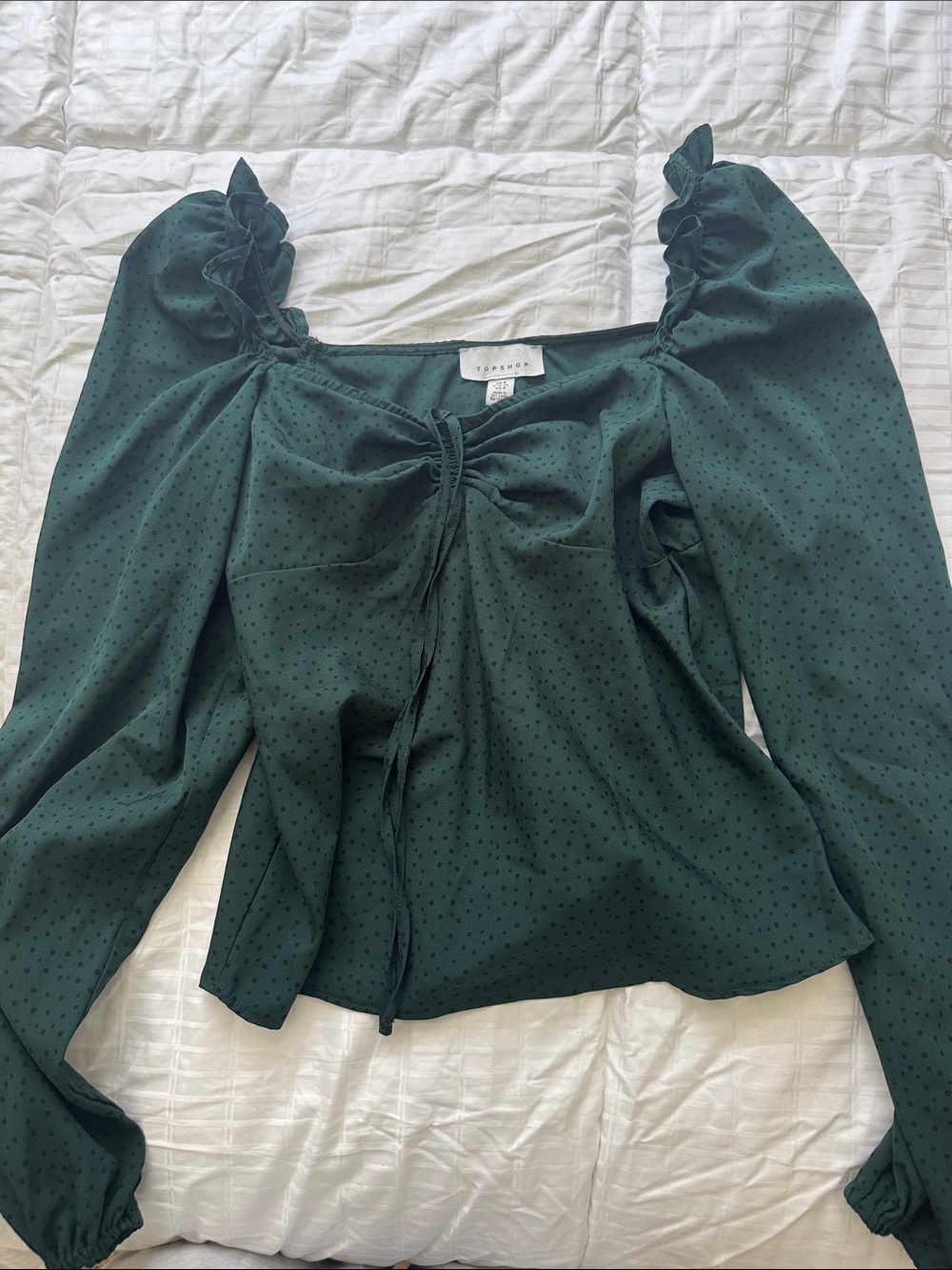 Top shop Dark Green Polka-Dot Puff Sleeve Tie-Front Blouse